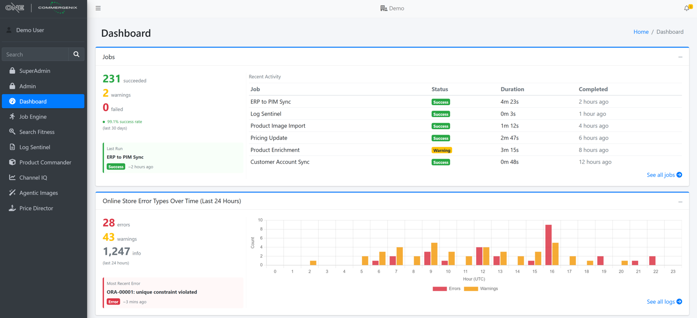 The Commergenix dashboard showing job status, error trends and platform health